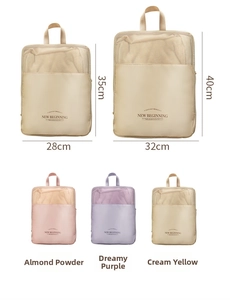 Travel compression bags in two sizes and three pastel colors with dimension labels