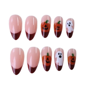 Faux ongles amande Halloween avec motifs citrouille fantôme et French bordeaux
