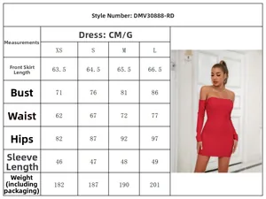 Size chart for the red off-shoulder backless dress including measurements from XS to L