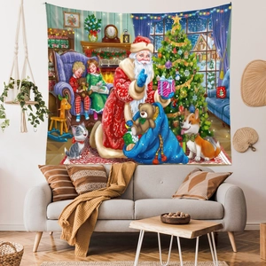 Detaillierter Weihnachtswandteppich mit Weihnachtsmann und gemütlicher Kaminszene