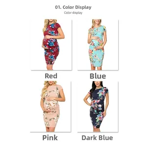 Selection of slim-fit maternity floral dresses in burgundy, light blue, pink, and navy