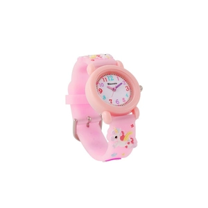 Pink cartoon unicorn quartz watch for girls with 3D embossed silicone strap and colorful numbers