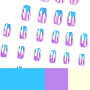 Short square press-on nails with blue-purple holographic gradient metallic finish
