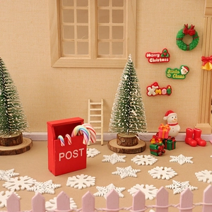 Miniature Christmas dollhouse set with red post box, snow trees and festive ornaments