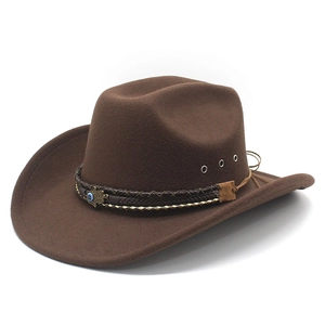 Classic dark brown wool felt western cowboy hat with woven leather band and metal pendant