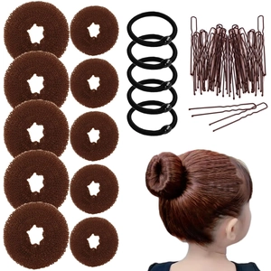 Brown sponge hair bun maker set with elastic bands and metal U-shaped pins on white background