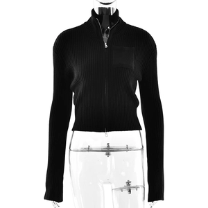 Slim fit black ribbed knit cardigan with high neck zipper and long sleeves for women