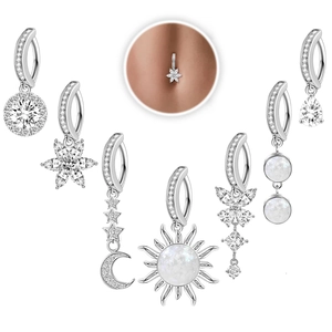 Silver belly button ring set with sun moon and butterfly designs in cubic zirconia