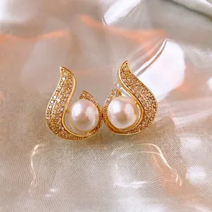 Mermaid Fishtail Artificial Pearl Earrings With 925 Sterling Silver Earring Post Zircon Gold Plated Elegant Jewelry For Women