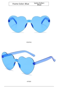 Detailed front and side view of transparent blue heart-shaped rimless sunglasses
