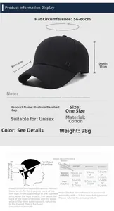 Size guide for men's cotton baseball cap showing head measurements and hat dimensions