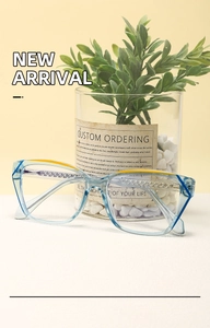 Detail of light blue transparent square glasses with yellow contrast stripe on top frame