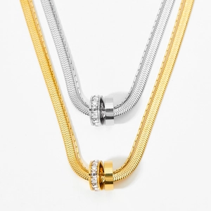 Double layer stainless steel snake chain necklaces in gold and silver with zircon rings