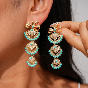 Vintage Fan Shaped Dangle Earrings Hollow Layered Alloy Rhinestone Resin Jewelry With Silver Earring Post Bowknot