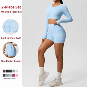Dames Yoga Top En Broek Lange Mouwen Crop Top En Hoge Taille Shorts Met Zakken Sportief Fitness Activewear