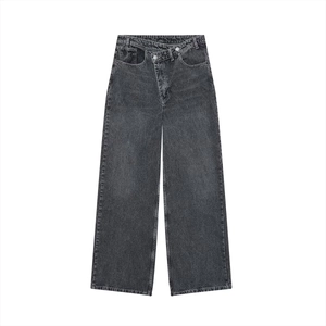 Dark grey wide-leg denim jeans featuring a unique cross-button waist design on white backdrop