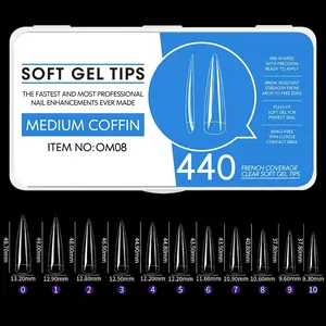 Tabla de tallas detallada para uñas de gel Medium Coffin con datos de longitud y anchura