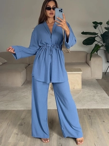 Women Casual Top And Bottom Long Sleeve Tie Waist Cardigan Top And Wide Leg Pants Elegant Solid Color Outfit For Autumn
