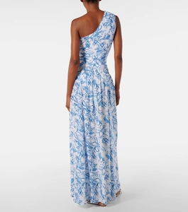 Back view of a one-shoulder floral maxi dress with white and blue botanical print