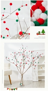 Detailed Christmas branches with red, green and white pom-poms for festive home decor