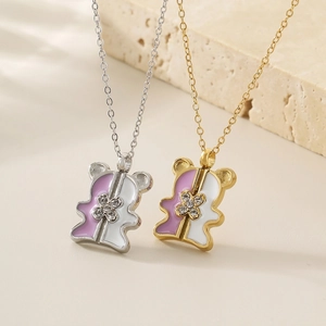 Cute Bear Pendant Necklace Stainless Steel Pink White Enamel Rhinestone Inlaid Geometric Clavicle Chain Jewelry For Women