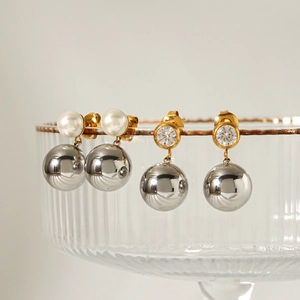 Two-tone stainless steel earrings with polished silver spheres and white pearl accents