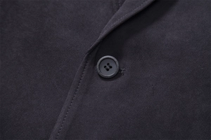 Macro detail of charcoal grey wool coat showing single-breasted button and fabric texture