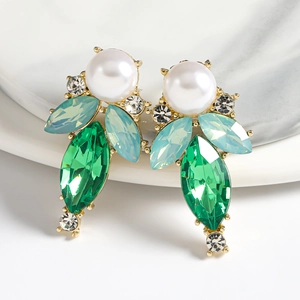 Luxurious geometric drop earrings with pearls, blue marquise stones and green gems