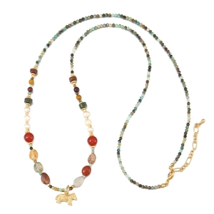 Handmade beaded necklace with turquoise, freshwater pearls and a gold horse charm