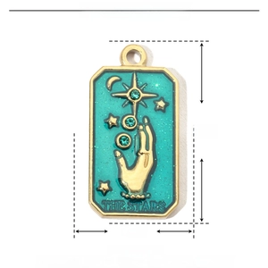 Macro view of rectangular tarot sun pendant with dimensions 25mm and 13mm shown