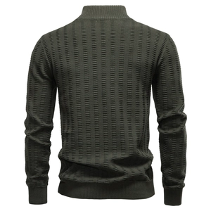 Detailed back view of dark olive green men's sweater with vertical ribbed texture