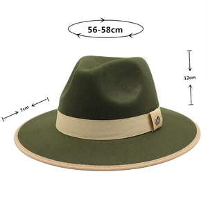 Detail view of olive wool fedora with M badge, brim 7cm, crown 12cm, size 56-58cm