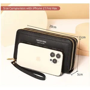 Women's black PU leather long wallet with double zipper and wristlet, 20x11x5 cm size