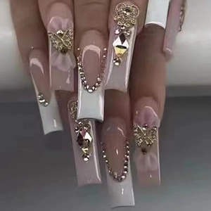 Long Coffin Press On Nails French Pink Rhinestone Butterfly Bowknot Luxury Sparkling Jewelry False Nails
