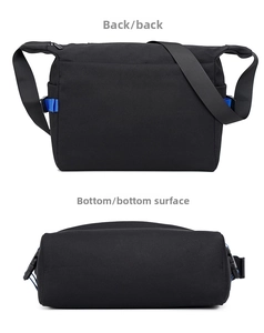 Detailed back and bottom view of waterproof nylon black crossbody messenger bag