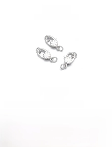 Detail of silver plated flower lobster clasp with letters measuring 9x15mm for jewelry