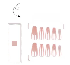 Detailed view of pink gradient coffin-shaped fake nails with aurora coating