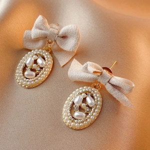 Vintage Bowknot Drop Earrings Alloy Rhinestone Imitation Artificial Pearl Velvet With 925 Sterling Silver Earring Post For Women
