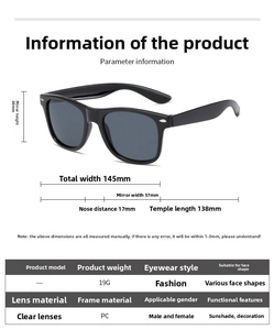Detailed specs of classic black Wayfarer sunglasses showing PC frame and 19g weight