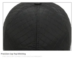 Close-up of winter baseball cap top featuring quilted diamond pattern and reinforced stitching