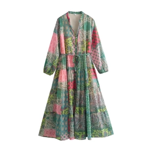 Robe patchwork à col en V pour femme avec manches longues bohèmes et ceinture à nouer