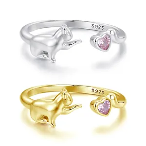 Sweet 925 Sterling Silver Cat Heart Adjustable Open Ring Pink Rhinestone Animal Design Jewelry For Women Girls Birthday Gift