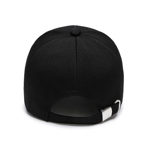 Black baseball cap with letter H and adjustable metal buckle on back for sun protection