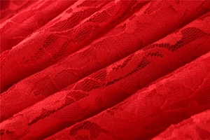 Close-up of intricate red lace fabric texture with elegant floral embroidery patterns