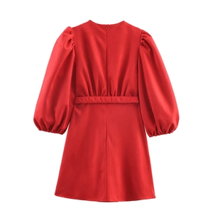 Robe courte en faux daim rouge pour femme avec manches bouffantes et zip invisible