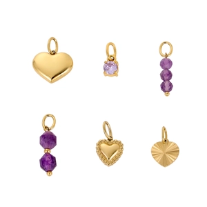 Detailed set of golden heart pendants and purple crystal jewelry charms on white background