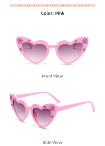 Front and side view of pink heart-shaped kids sunglasses with purple flower details