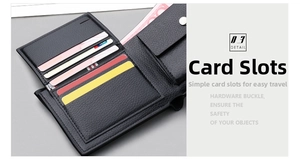 Detailed view of the black leather wallet interior with three card slots and snap coin pocket