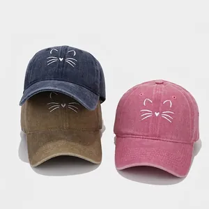 Three vintage washed cotton baseball caps with cute cat embroidery in multiple colors