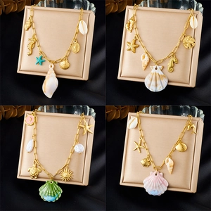 Stainless Steel Necklace With Sea Turtle Seahorse Starfish Shell Charms Bohemian Beach Ocean Theme Gold Plated Jewelry
